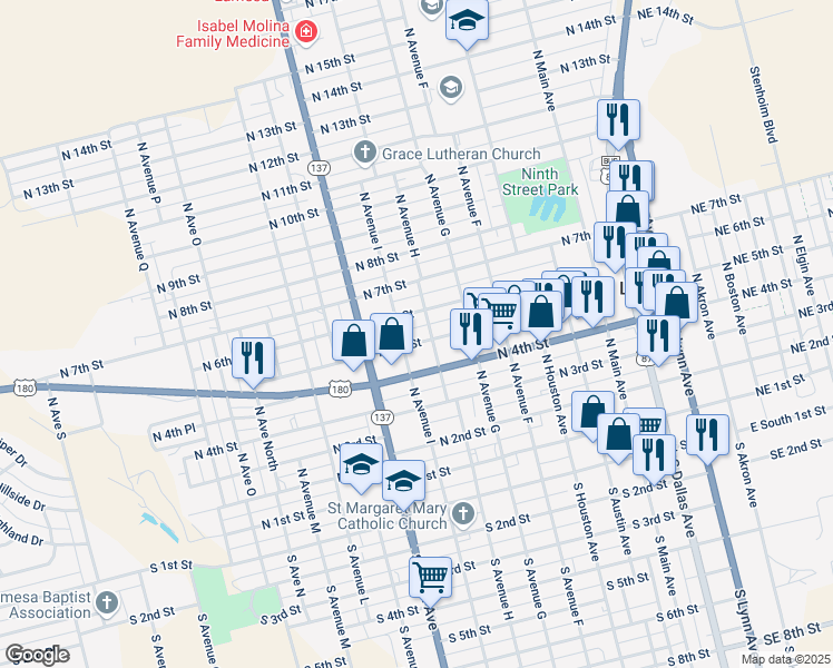 map of restaurants, bars, coffee shops, grocery stores, and more near 906 North 5th Street in Lamesa