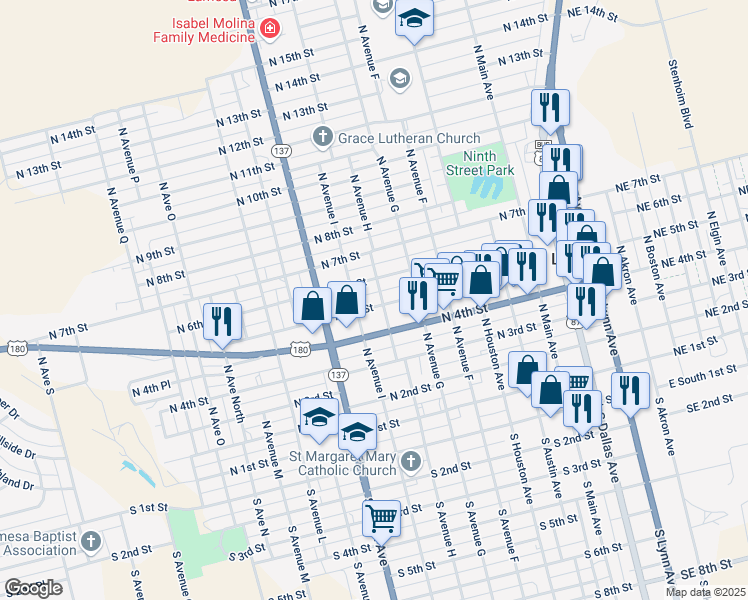 map of restaurants, bars, coffee shops, grocery stores, and more near 906 North 5th Street in Lamesa