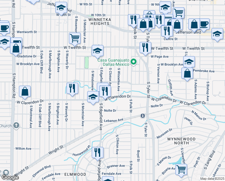 map of restaurants, bars, coffee shops, grocery stores, and more near 1003 South Clinton Avenue in Dallas