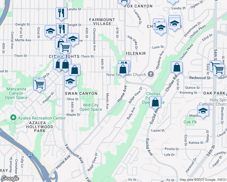 map of restaurants, bars, coffee shops, grocery stores, and more near 2894 47th Street in San Diego