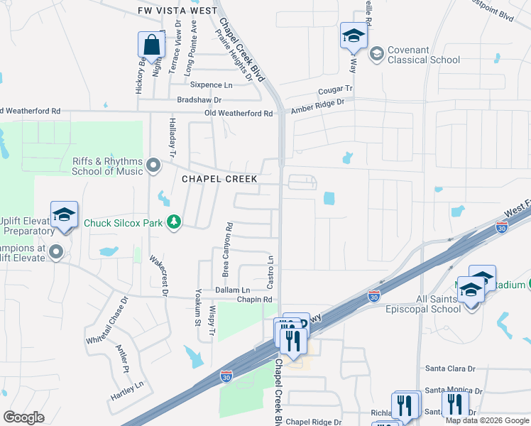 map of restaurants, bars, coffee shops, grocery stores, and more near 10213 Cypress Hills Drive in Fort Worth