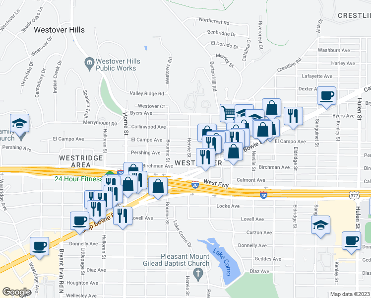 map of restaurants, bars, coffee shops, grocery stores, and more near 5400 Hervie Street in Fort Worth