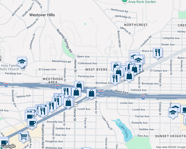 map of restaurants, bars, coffee shops, grocery stores, and more near 5510 Pershing Avenue in Fort Worth