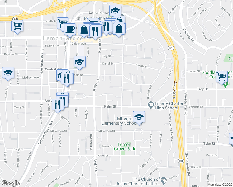map of restaurants, bars, coffee shops, grocery stores, and more near 8150 Longdale Drive in Lemon Grove