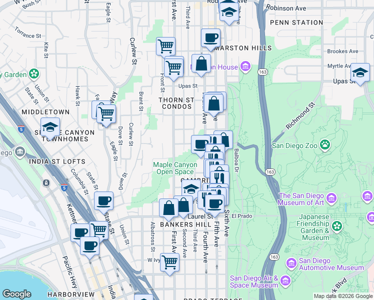 map of restaurants, bars, coffee shops, grocery stores, and more near 2928 2nd Avenue in San Diego
