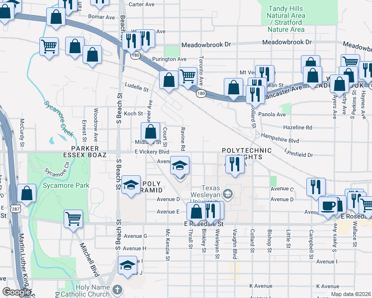 map of restaurants, bars, coffee shops, grocery stores, and more near 721 Ravine Road in Fort Worth