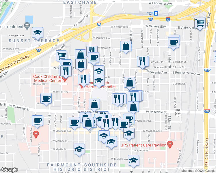 map of restaurants, bars, coffee shops, grocery stores, and more near 801 College Avenue in Fort Worth