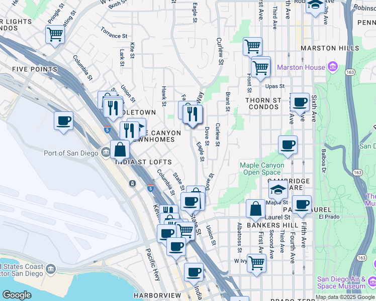map of restaurants, bars, coffee shops, grocery stores, and more near 2957 Reynard Way in San Diego
