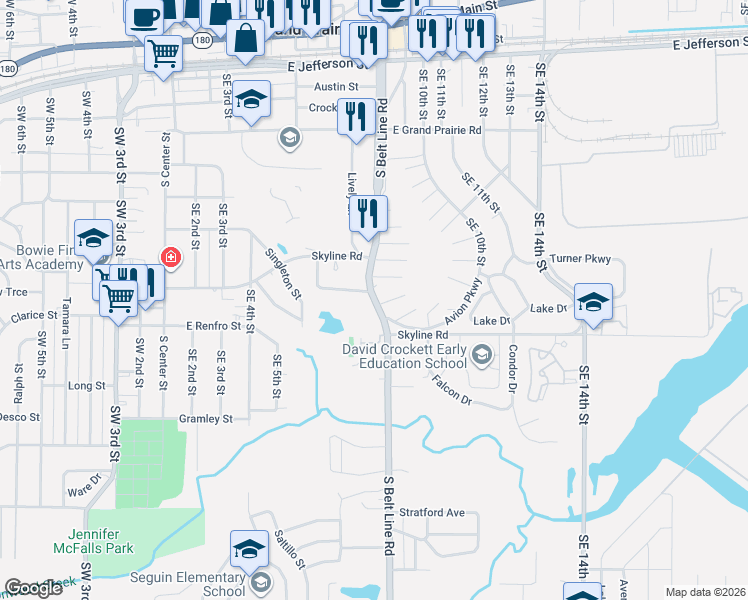 map of restaurants, bars, coffee shops, grocery stores, and more near 112 North American Place in Grand Prairie
