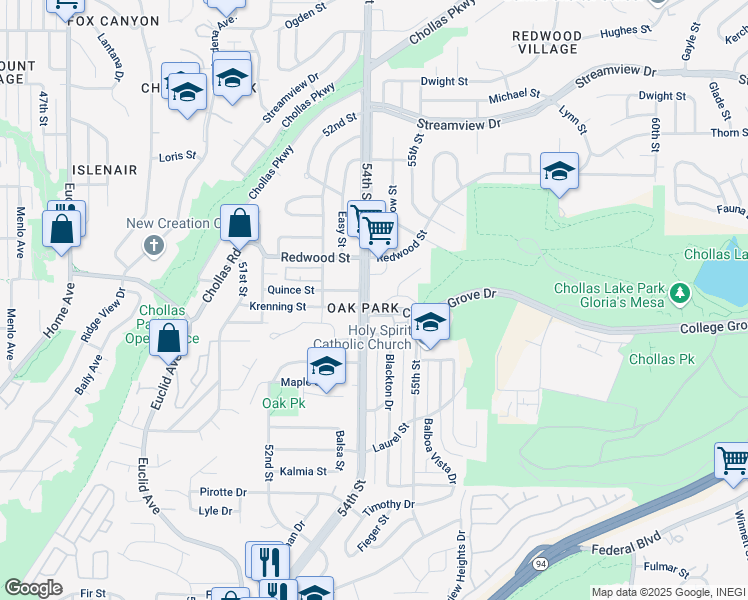 map of restaurants, bars, coffee shops, grocery stores, and more near 2959 54th Street in San Diego