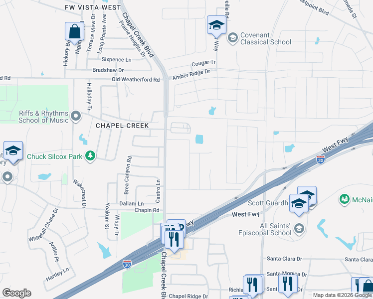 map of restaurants, bars, coffee shops, grocery stores, and more near 10100 West Freeway in Fort Worth