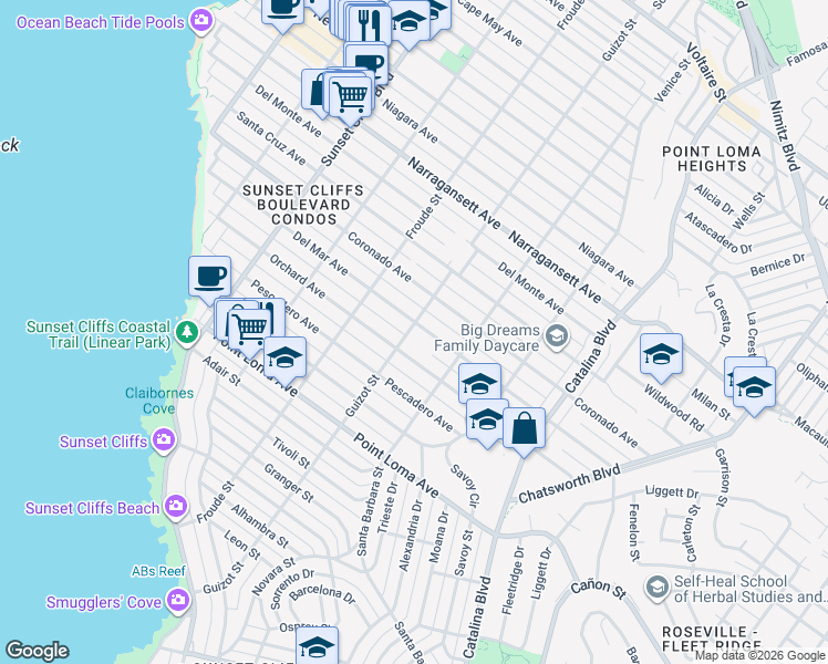 map of restaurants, bars, coffee shops, grocery stores, and more near 1591 Guizot Street in San Diego