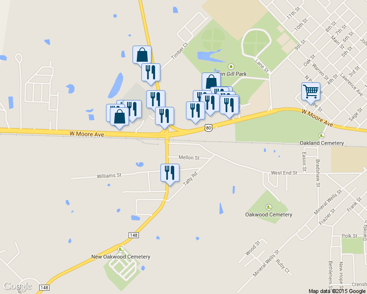 map of restaurants, bars, coffee shops, grocery stores, and more near 1127 West End Street in Terrell