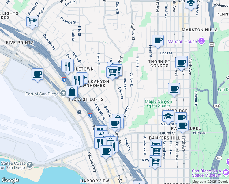 map of restaurants, bars, coffee shops, grocery stores, and more near 2962 Reynard Way in San Diego