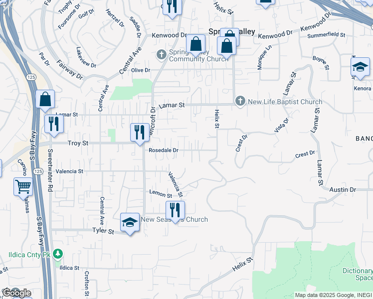 map of restaurants, bars, coffee shops, grocery stores, and more near 9105A Rosedale Drive in Spring Valley