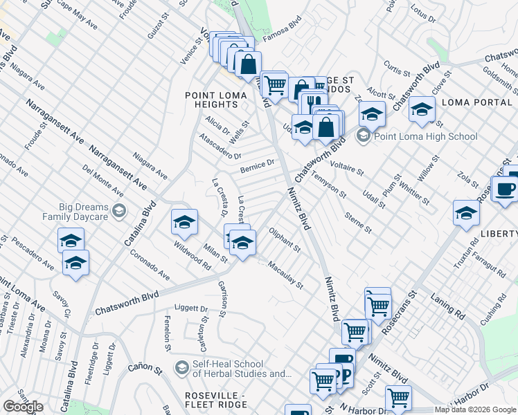 map of restaurants, bars, coffee shops, grocery stores, and more near in San Diego