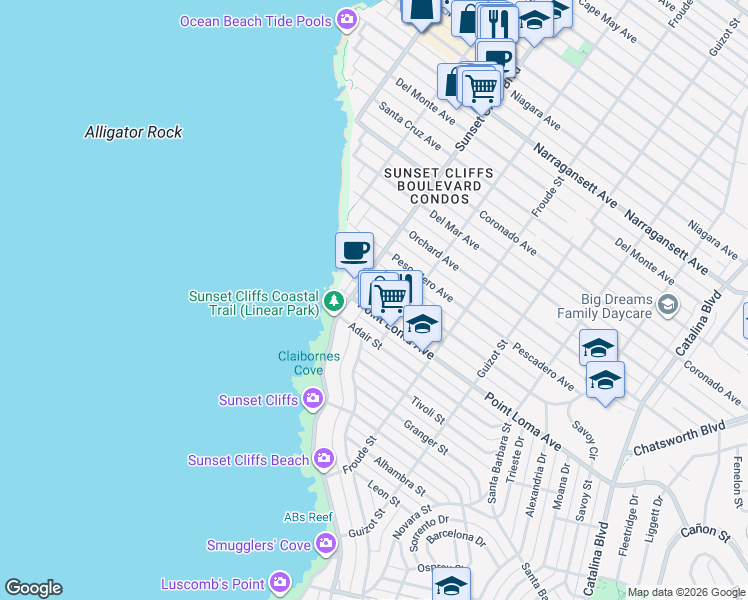 map of restaurants, bars, coffee shops, grocery stores, and more near 4736 Point Loma Avenue in San Diego