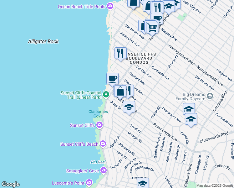 map of restaurants, bars, coffee shops, grocery stores, and more near 4736 Point Loma Avenue in San Diego