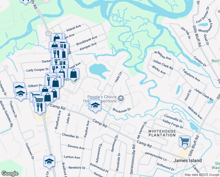 map of restaurants, bars, coffee shops, grocery stores, and more near 47 Held Circle in Charleston