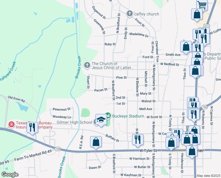 map of restaurants, bars, coffee shops, grocery stores, and more near 816 North Bradford Street in Gilmer