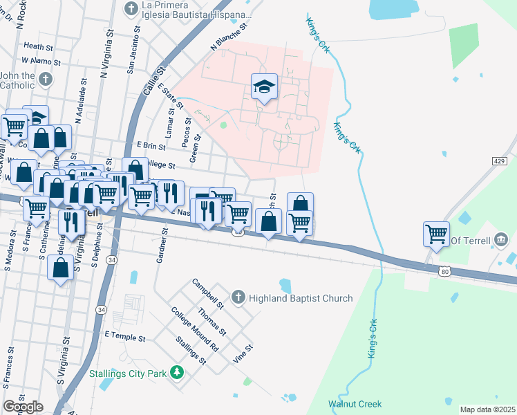 map of restaurants, bars, coffee shops, grocery stores, and more near 115 North Burch Street in Terrell