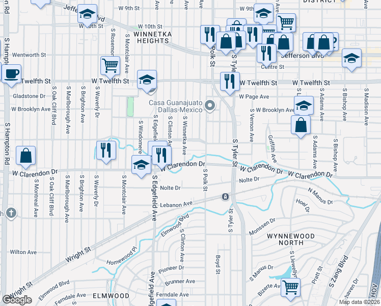map of restaurants, bars, coffee shops, grocery stores, and more near 928 South Winnetka Avenue in Dallas