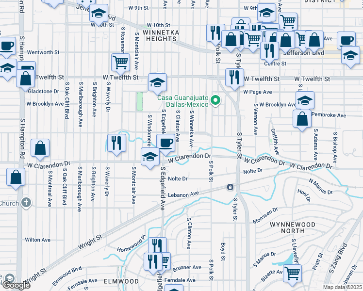 map of restaurants, bars, coffee shops, grocery stores, and more near 1003 South Clinton Avenue in Dallas