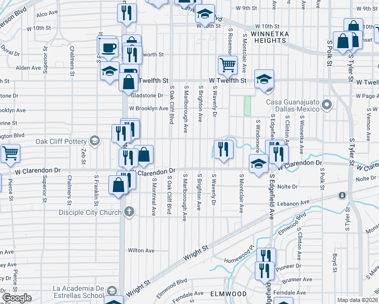 map of restaurants, bars, coffee shops, grocery stores, and more near 929 South Marlborough Avenue in Dallas