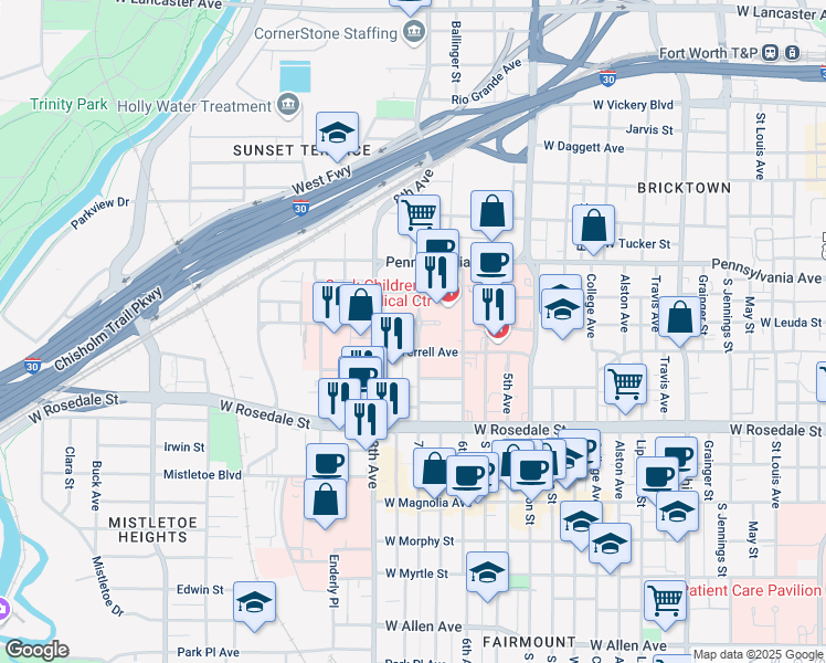 map of restaurants, bars, coffee shops, grocery stores, and more near 1521 Cooper Street in Fort Worth