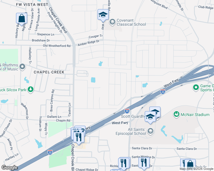 map of restaurants, bars, coffee shops, grocery stores, and more near 10100 West Freeway in Fort Worth
