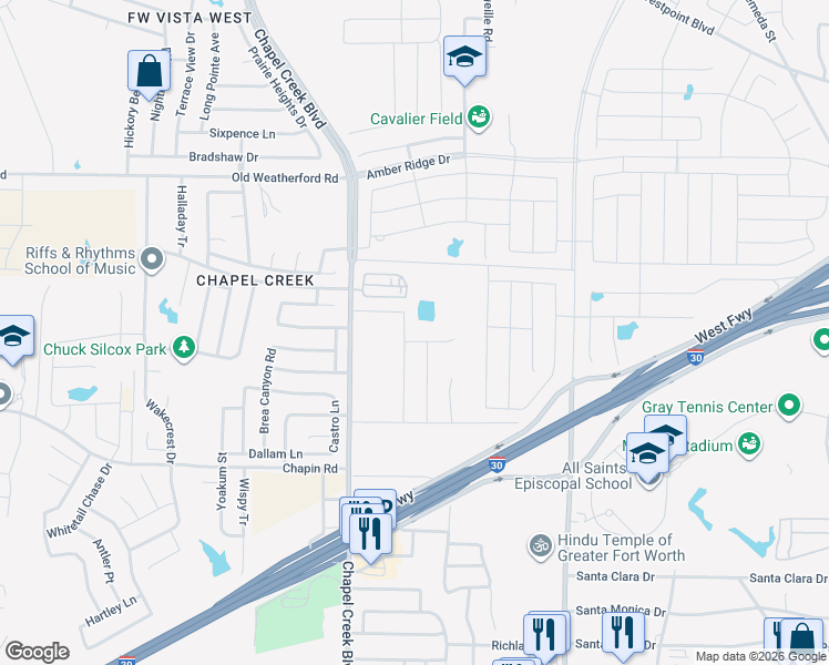 map of restaurants, bars, coffee shops, grocery stores, and more near 10100 West Freeway in Fort Worth
