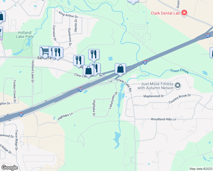 map of restaurants, bars, coffee shops, grocery stores, and more near 2120 Lakeforest Drive in Weatherford