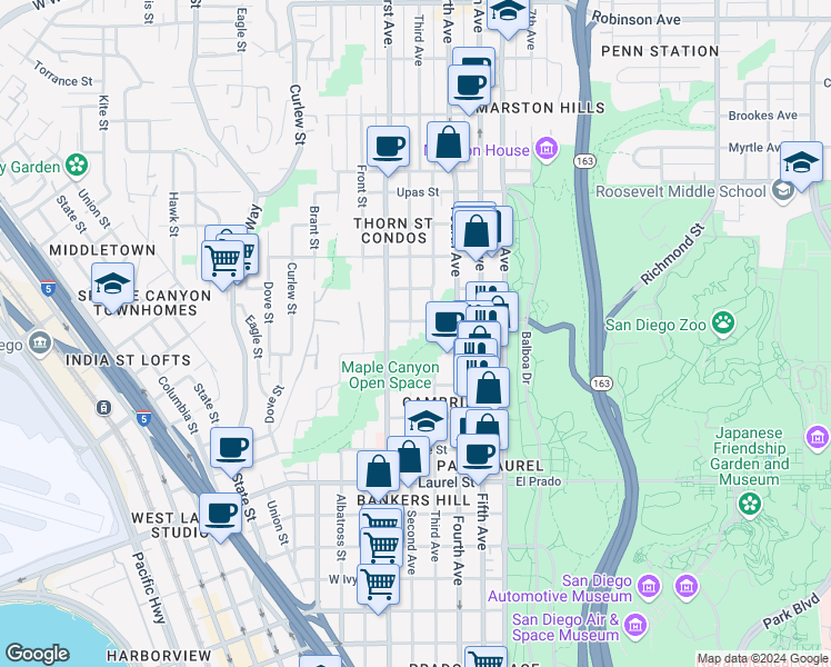 map of restaurants, bars, coffee shops, grocery stores, and more near 2943 2nd Avenue in San Diego