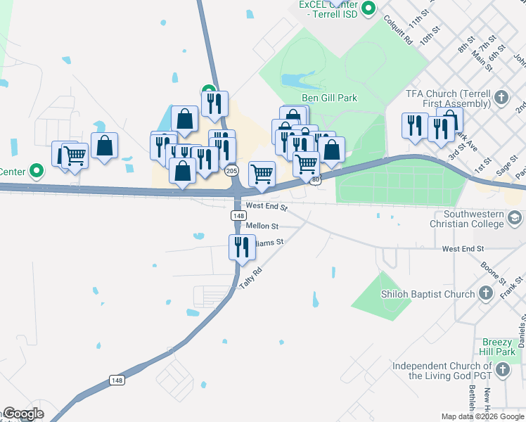 map of restaurants, bars, coffee shops, grocery stores, and more near 1127 West End Street in Terrell