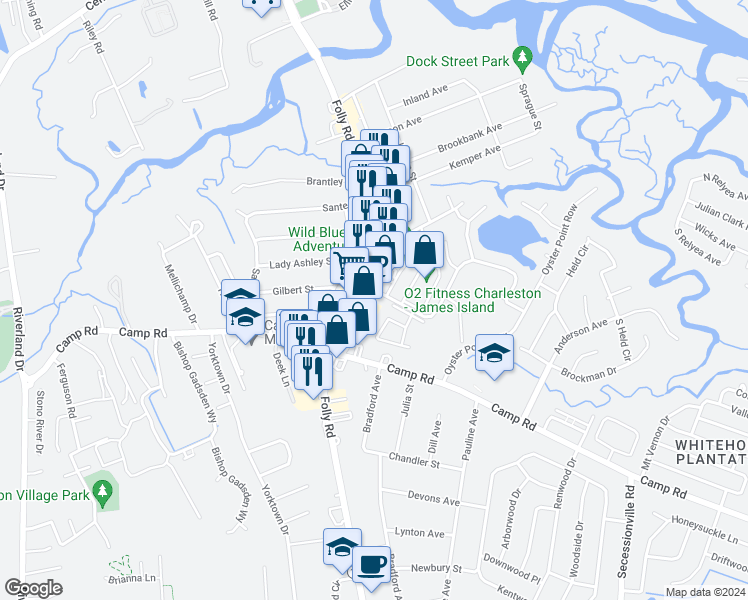 map of restaurants, bars, coffee shops, grocery stores, and more near 864 Folly Road in Charleston
