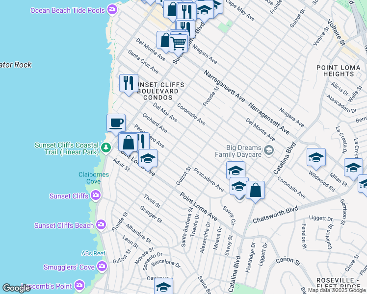 map of restaurants, bars, coffee shops, grocery stores, and more near 4565 Orchard Avenue in San Diego