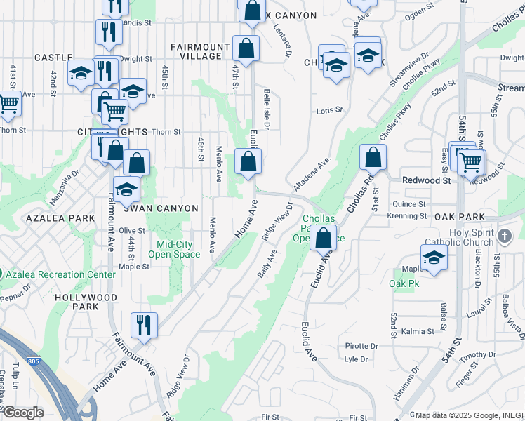 map of restaurants, bars, coffee shops, grocery stores, and more near 4765 Home Avenue in San Diego