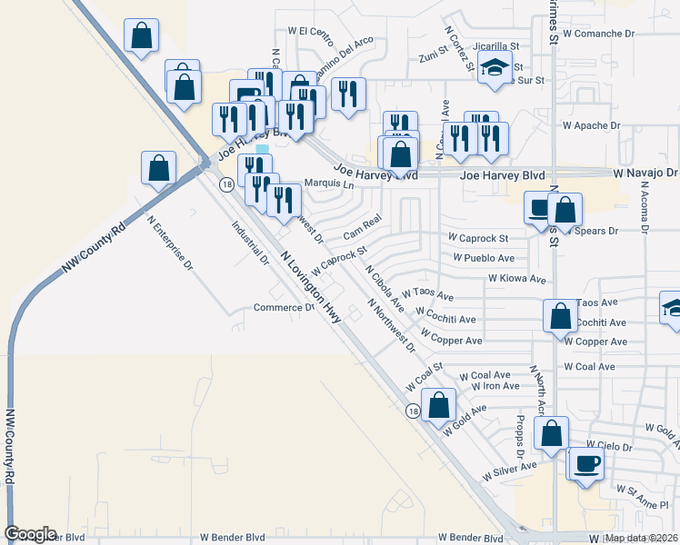 map of restaurants, bars, coffee shops, grocery stores, and more near 3301 North Northwest Drive in Hobbs
