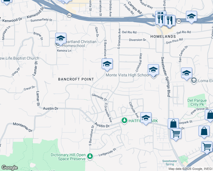 map of restaurants, bars, coffee shops, grocery stores, and more near 3018 Rockdale Lane in Spring Valley