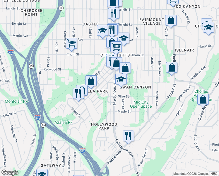 map of restaurants, bars, coffee shops, grocery stores, and more near 2843 Columbine Street in San Diego