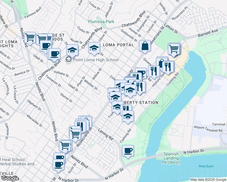 map of restaurants, bars, coffee shops, grocery stores, and more near 3027 Xenophon Street in San Diego