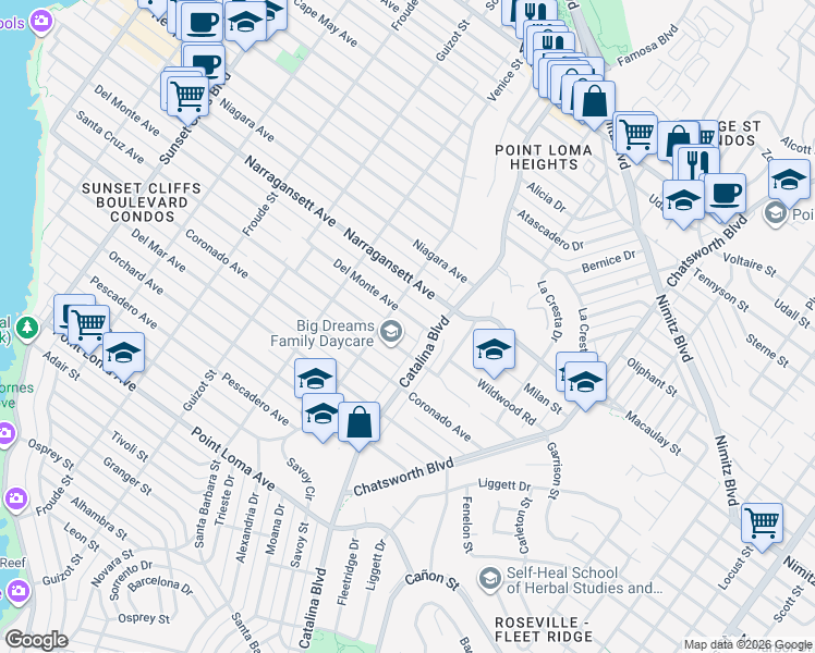 map of restaurants, bars, coffee shops, grocery stores, and more near 1744 Catalina Boulevard in San Diego
