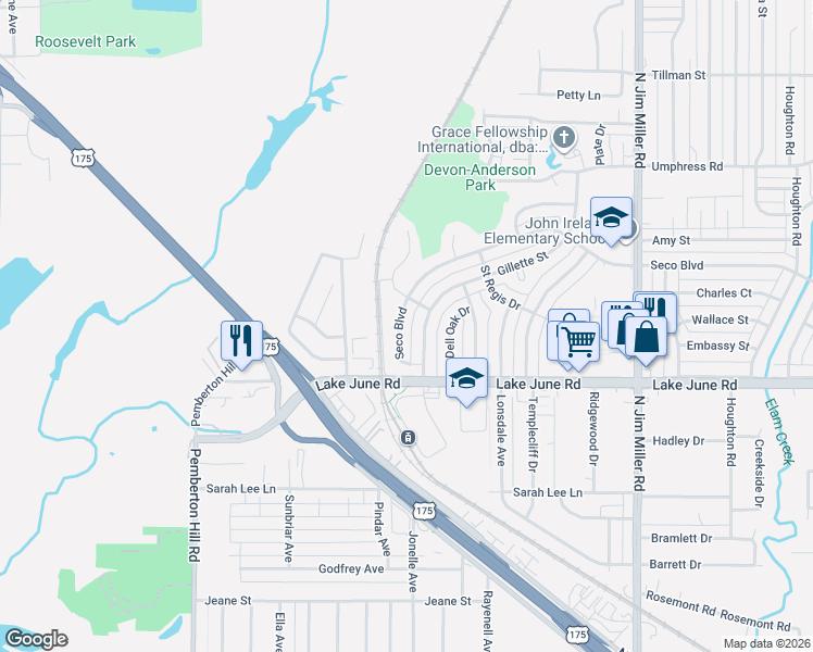 map of restaurants, bars, coffee shops, grocery stores, and more near 6454 Seco Boulevard in Dallas