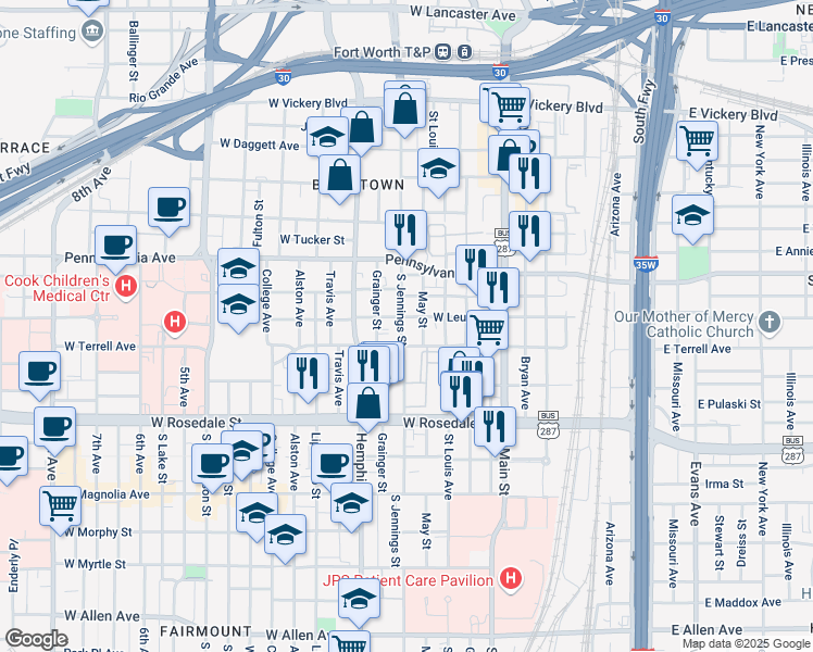 map of restaurants, bars, coffee shops, grocery stores, and more near 815 May Street in Fort Worth