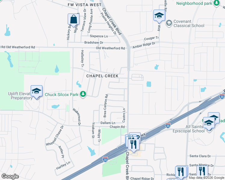 map of restaurants, bars, coffee shops, grocery stores, and more near 10252 Brea Canyon Road in Fort Worth
