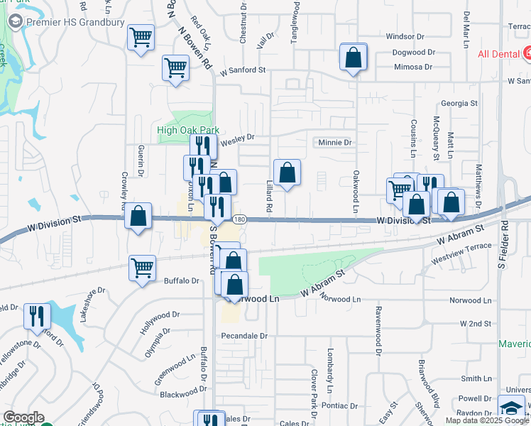 map of restaurants, bars, coffee shops, grocery stores, and more near 2301 West Division Street in Arlington