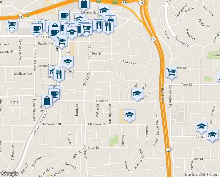 map of restaurants, bars, coffee shops, grocery stores, and more near 2836 Washington St in Lemon Grove