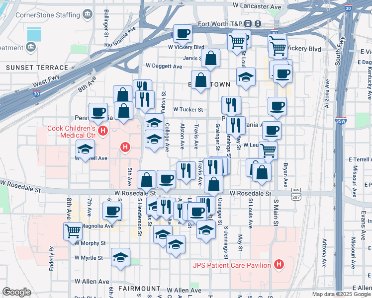 map of restaurants, bars, coffee shops, grocery stores, and more near 818 West Terrell Avenue in Fort Worth