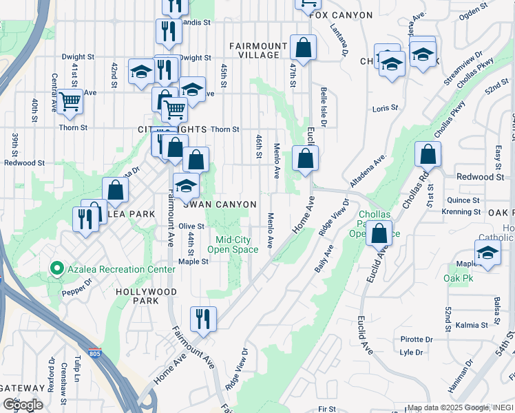 map of restaurants, bars, coffee shops, grocery stores, and more near 2907 46th Street in San Diego
