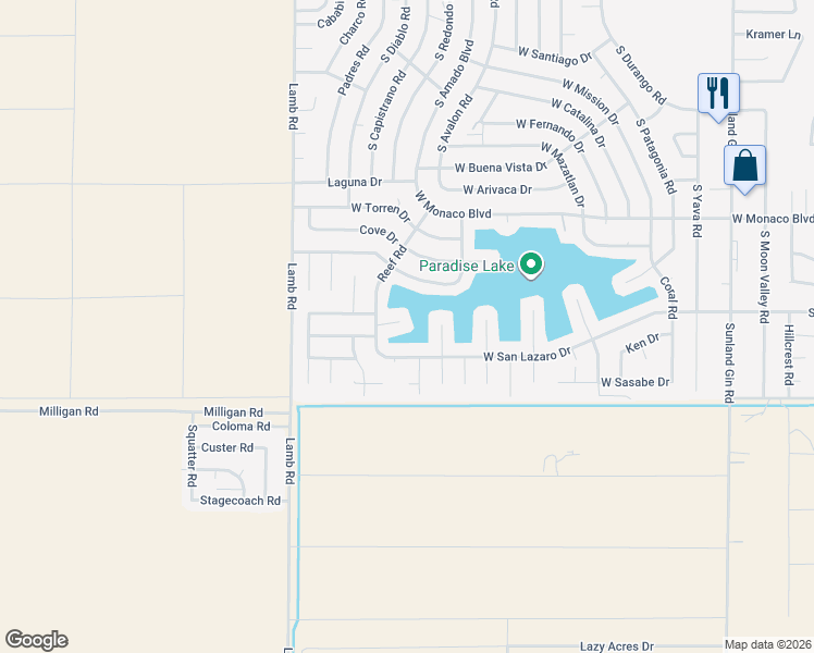 map of restaurants, bars, coffee shops, grocery stores, and more near 10839 Reef Road in Arizona City